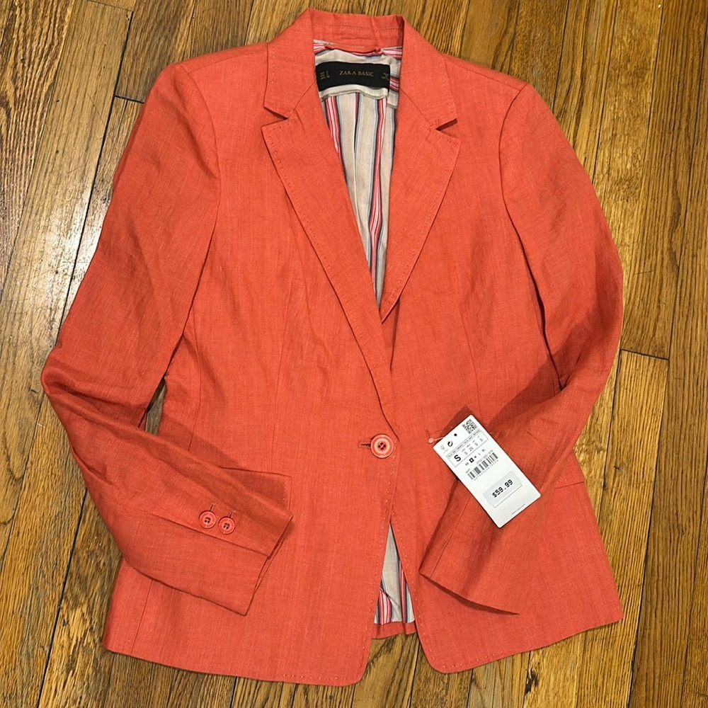 NWOT Zara 100% linen coral orange spring single button blazer size S
